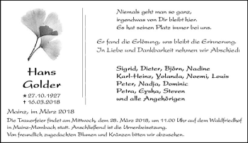 Traueranzeige von Hans Golder von Trauerportal Rhein Main Presse