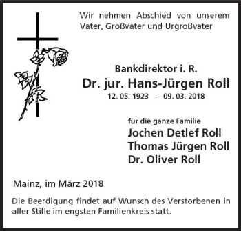 Traueranzeige von Hans-Jürgen Roll von Trauerportal Rhein Main Presse