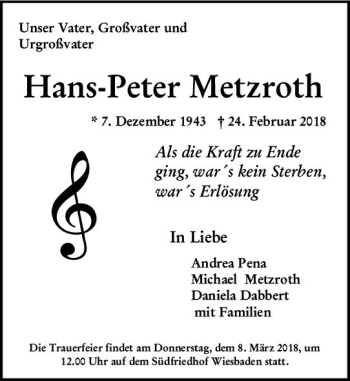 Traueranzeige von Hans-Peter Metzroth von Trauerportal Rhein Main Presse