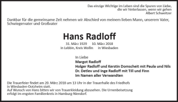Traueranzeige von Hans Radloff von Trauerportal Rhein Main Presse