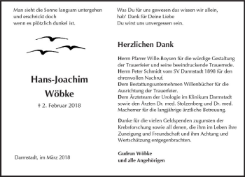 Traueranzeige von Hanz-Joachim Wöbke von Trauerportal Rhein Main Presse