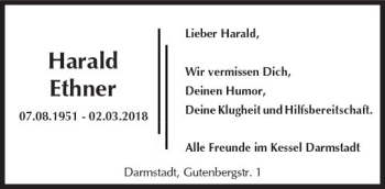 Traueranzeige von Harald Ethner von Trauerportal Rhein Main Presse