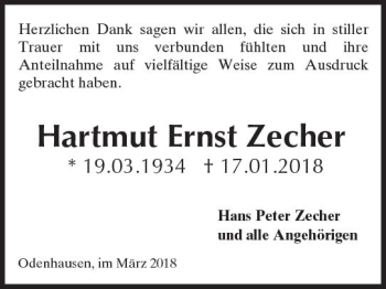 Traueranzeige von Hartmut Ernst Zecher von  Gießener Anzeiger