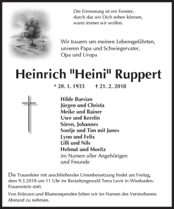 Traueranzeige von Heinrich Ruppert von Trauerportal Rhein Main Presse