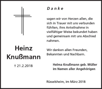 Traueranzeige von Heinz Knußmann von Trauerportal Rhein Main Presse