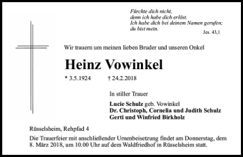 Traueranzeige von Heinz Vowinkel von Trauerportal Rhein Main Presse