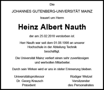 Traueranzeige von Heinz Albert Nauth von Trauerportal Rhein Main Presse
