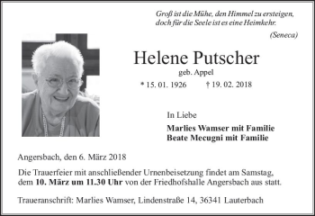 Traueranzeige von Helene Putscher von VRM Trauer