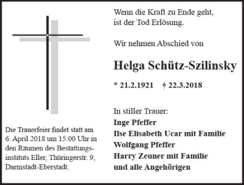 Traueranzeige von Helga Schütz-Szilinsky von Trauerportal Rhein Main Presse