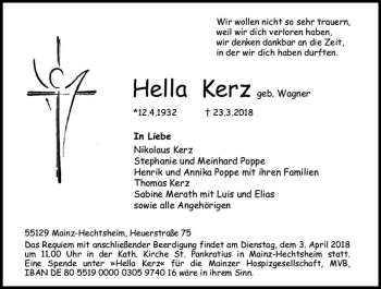 Traueranzeige von Hella Kerz von Trauerportal Rhein Main Presse