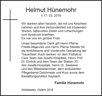 Traueranzeige von Helmut Hünemohr von Trauerportal Rhein Main Presse