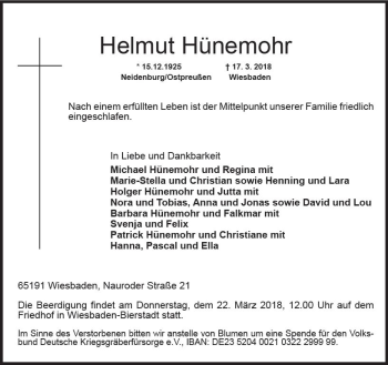 Traueranzeige von Helmut Hünemohr von Trauerportal Rhein Main Presse