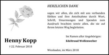 Traueranzeige von Henny Kopp von Trauerportal Rhein Main Presse