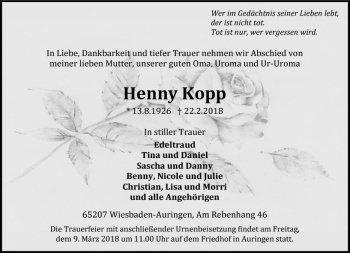 Traueranzeige von Henny Kopp von Trauerportal Rhein Main Presse