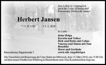 Traueranzeige von Herbert Jansen von Trauerportal Rhein Main Presse