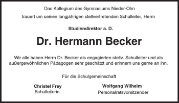 Traueranzeige von Hermann Becker von Trauerportal Rhein Main Presse