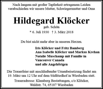 Traueranzeige von Hildegard Klöckner von Trauerportal Rhein Main Presse