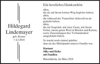 Traueranzeige von Hildegard Lindemayer von Trauerportal Rhein Main Presse