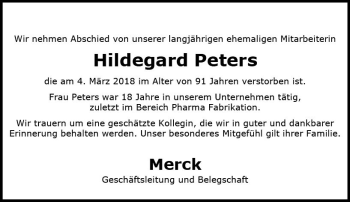 Traueranzeige von Hildegard Peters von Trauerportal Rhein Main Presse