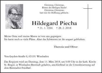 Traueranzeige von Hildegard Piecha von Trauerportal Rhein Main Presse