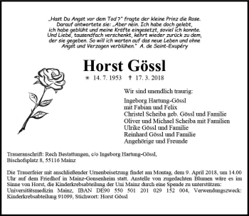 Traueranzeige von Horst Gössl von Trauerportal Rhein Main Presse