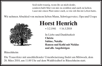Traueranzeige von Horst Henrich von Trauerportal Rhein Main Presse