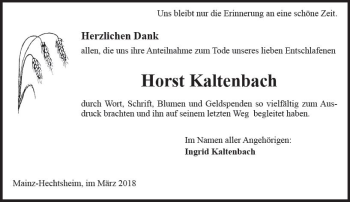 Traueranzeige von Horst Kaltenbach von Trauerportal Rhein Main Presse