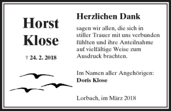 Traueranzeige von Horst Klose von  Kreisanzeiger