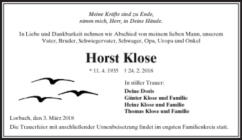 Traueranzeige von Horst Klose von  Kreisanzeiger