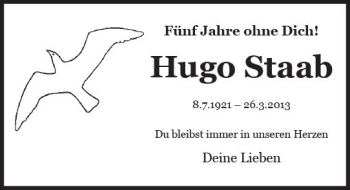 Traueranzeige von Hugo Staab von Trauerportal Rhein Main Presse
