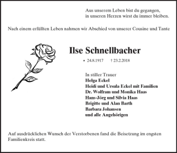 Traueranzeige von Ilse Schnellbacher von Trauerportal Rhein Main Presse