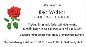 Traueranzeige von Ilse Weber von Trauerportal Rhein Main Presse