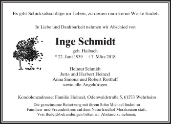 Traueranzeige von Inge Schmidt von  Usinger Anzeiger
