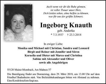 Traueranzeige von Ingeborg Knauth von Trauerportal Rhein Main Presse