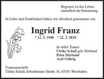 Traueranzeige von Ingrid Franz von Trauerportal Rhein Main Presse