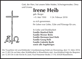 Traueranzeige von Irene Heib von Trauerportal Rhein Main Presse