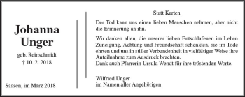 Traueranzeige von Johanna Unger von  Gießener Anzeiger
