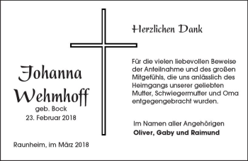Traueranzeige von Johanna Wehmhoff von Trauerportal Rhein Main Presse