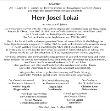 Traueranzeige von Josef Lokai von  Kreisanzeiger
