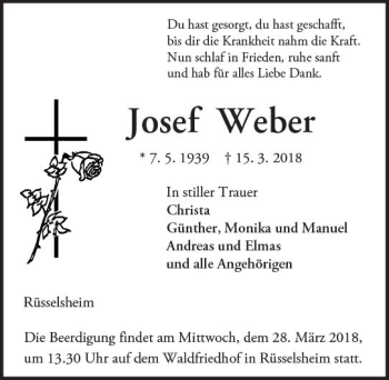 Traueranzeige von Josef Weber von Trauerportal Rhein Main Presse
