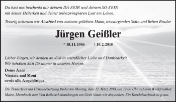 Traueranzeige von Jürgen Geißler von Trauerportal Rhein Main Presse