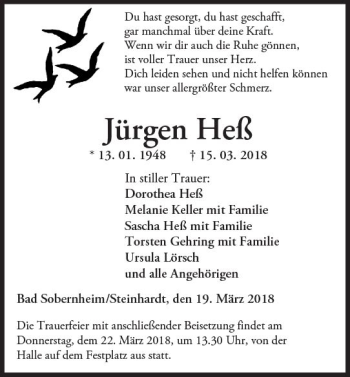 Traueranzeige von Jürgen Heß von Trauerportal Rhein Main Presse