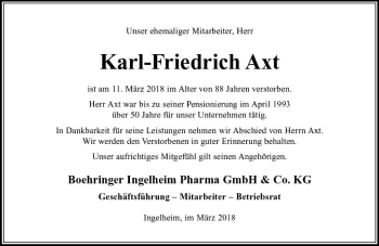 Traueranzeige von Karl-Friedrich Axt von Trauerportal Rhein Main Presse
