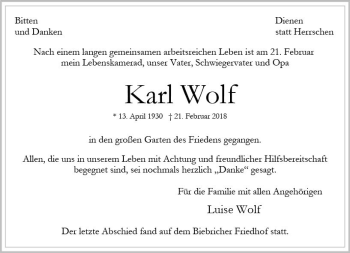 Traueranzeige von Karl Wolf von Trauerportal Rhein Main Presse