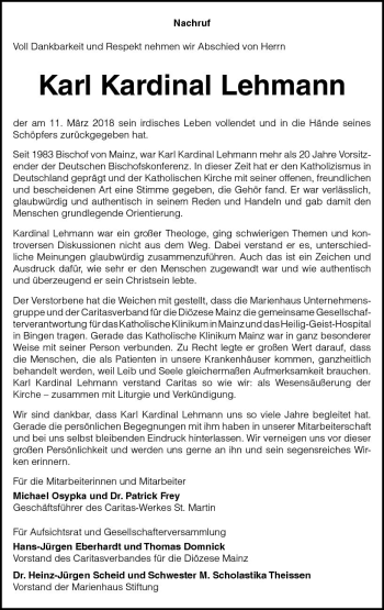 Traueranzeige von Karl Kardinal Lehmann von Trauerportal Rhein Main Presse