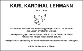 Traueranzeige von Karl Kardinal Lehmann von Trauerportal Rhein Main Presse