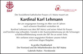 Traueranzeige von Karl Kardinal Lehmann von Trauerportal Rhein Main Presse