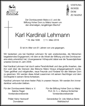 Traueranzeige von Karl Kardinal Lehmann von Trauerportal Rhein Main Presse