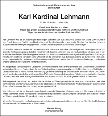 Traueranzeige von Karl Kardinal Lehmann von Trauerportal Rhein Main Presse