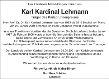 Traueranzeige von Karl Kardinal Lehmann von Trauerportal Rhein Main Presse